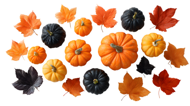 Autumn Pumpkins and Maple Leaves, isolated on transparent background