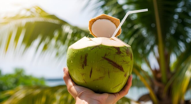 Hand holding refreshing young green coconut drink with a straw
