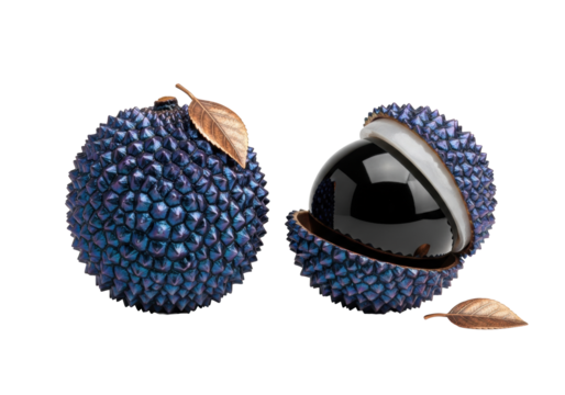 Sculptural iridescent indigo lychee, deconstructed form with polished black onyx sphere, and copper leaves on transparent background, soft studio light, elegant conceptual still life