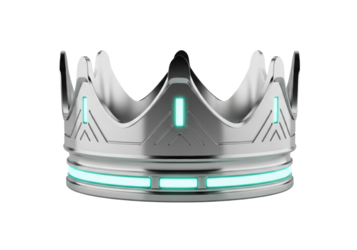 A sleek, futuristic crown of polished chromium silver with minimalist geometric patterns and glowing cerulean light strips, on a transparent background with copy space, concept of technological