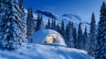 A geodesic dome in a winter forest. The building is surrounded by tall, snow-covered trees.