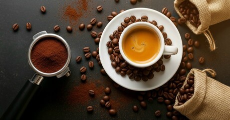Start your day right with this perfect espresso shot surrounded by rich coffee beans and freshly ground coffee for a vibrant and energetic morning routine