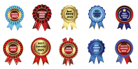 Golden Award Badge Set , Premium Winner Emblem and Victory Label Design, Luxury Gold Medal and Trophy Vector, Premium Award Badge Collection, Champion Badge Template ,Golden Winner Ribbon and Reward.