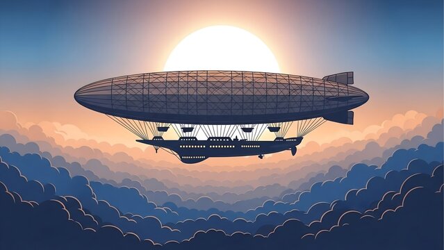Vintage airship zeppelin flying over clouds at sunset travel adventure illustration wallpaper background art