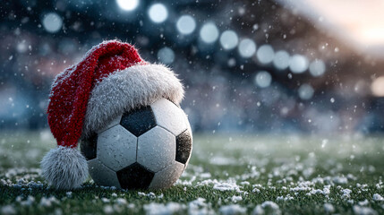 A football in a Christmas hat on a snow-covered football field. Snowflakes are falling, and in the background is a blurred light and a stadium.