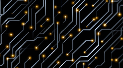 An abstract circuit board with bright, glowing lines and dots that create the appearance of electronic connections.