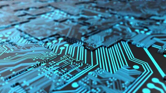 Video animation of a computer circuit board with glowing neon blue lights. circuit board with energy flow and neon lights animation background design.