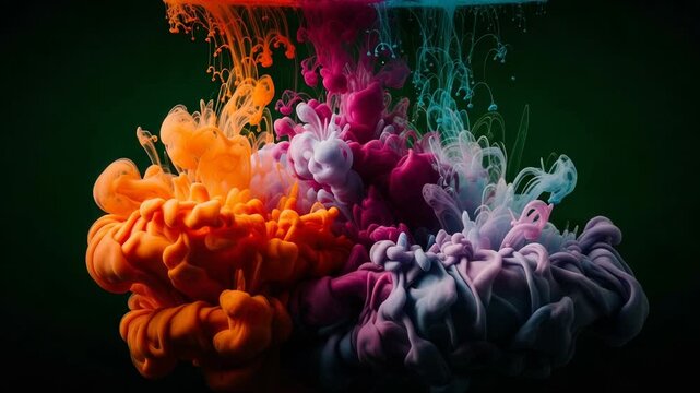Colorful ink clouds swirling in dark water, abstract background