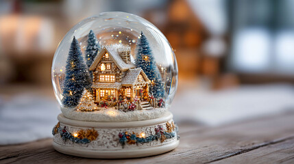 A glass snow globe with a miniature house inside. The globe is placed on a wooden base, and the background is blurred.