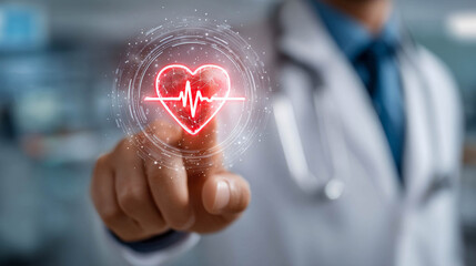 A doctor in a white coat touches a holographic image of a heart surrounded by digital elements in the center of the frame.