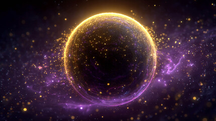 An abstract sphere surrounded by bright gold and purple glowing particles. The sphere is bordered by light, and small dots resembling star dust are scattered around it.