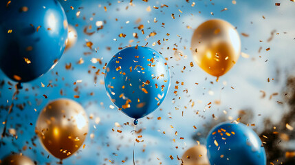 Blue and gold balloons against the backdrop of the sky, surrounded by flying confetti. The balloons float gracefully, creating an atmosphere of celebration and joy.