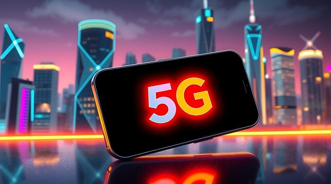 Experience the future of connectivity with a sleek smartphone displaying the vibrant 5G logo against a stunning neon cityscape at dusk