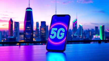 Stunning smartphone displaying vibrant 5G technology against a futuristic neon cityscape at dusk, symbolizing connectivity and modern urban life.