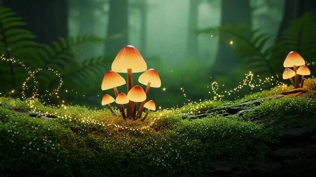 Glowing mushrooms in a mystical forest with sparkling lights
