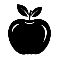 Vector illustration of a black apple with two leaves and a stem on a transparent background