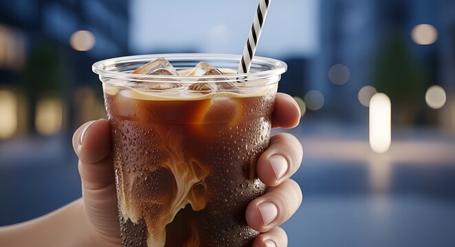 Person holding refreshing iced coffee cup with straw in urban setting