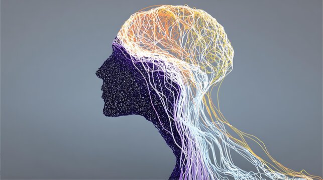 An abstract representation of a human head, depicted as a network of interconnected dots and lines, symbolizing the complexities of the human mind, intelligence, and the flow of thoughts and ideas
