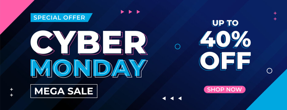 Cyber Monday mega sale banner design, Abstract dark blue modern geometric background, up to 40% off, suitable for sales promotion, marketing ads, online store, event, social media and web - Powered by Adobe