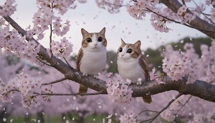 wo Meowls on Cherry Blossom Branch – Peaceful Japanese Fantasy
