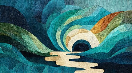 Abstract landscape painting with a river flowing through rolling hills and a colorful sky, creating a serene and dreamlike atmosphere with textured brushstrokes and a harmonious blend of colors