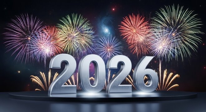 Shiny silver 2026 numbers with colorful fireworks display