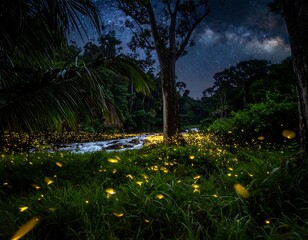 Nighttime forest scene, illuminated by fireflies and starlit sky