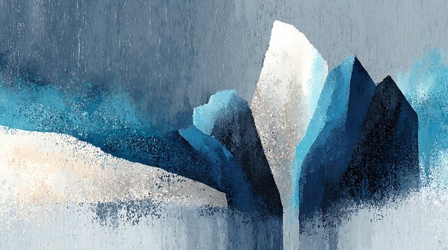 An evocative abstract painting captures a mountainous landscape in shades of blue, white, and gray, with textured brushstrokes and dynamic composition, creating a sense of depth and tranquility