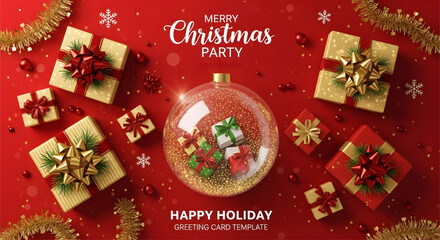 Festive christmas scene featuring gifts, ornaments, and holiday decorations spread out