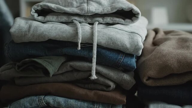 A stack of folded casual clothes with a grey hoodie on top. Neat pile of laundry for wardrobe organization. Decluttering and sustainable fashion concept