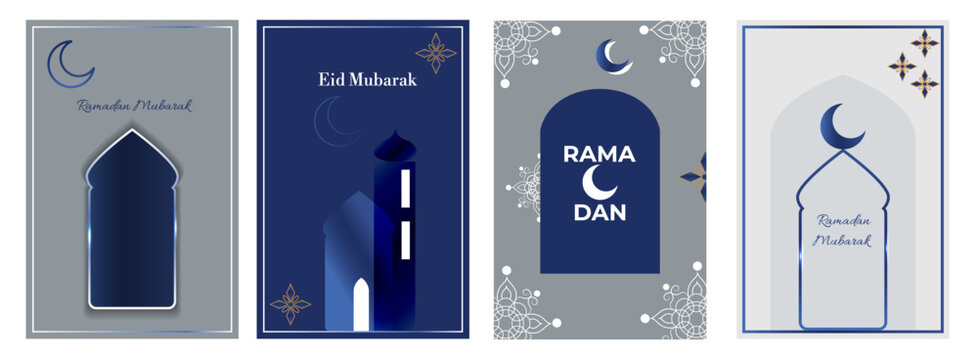A set of templates in dark blue and gray-white tones with images of a crescent moon, arched windows and silhouettes of a mosque. Minimalistic and modern style.Vector illustration - Powered by Adobe