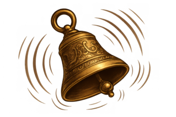 Gold bell ringing with sound waves on a transparent background, representing notifications, alarms, traditional calls, and festive events