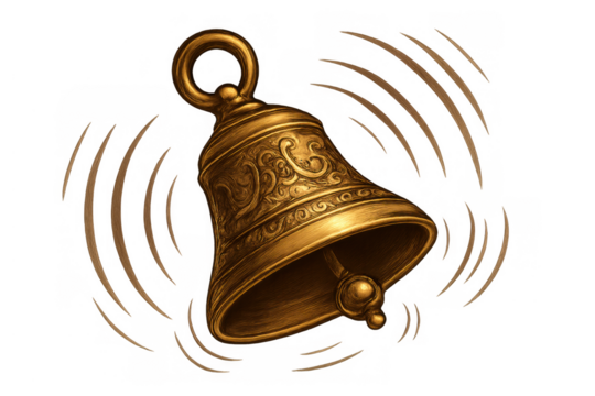 Gold bell ringing with sound waves on a transparent background, representing notifications, alarms, traditional calls, and festive events