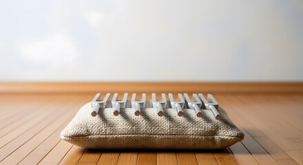 Set of silver tuning forks arranged neatly on a textured pillow,