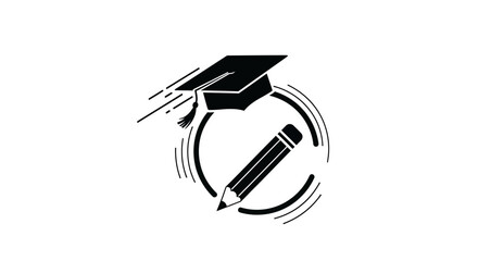 Education icon with graduation cap and pencil simple vector glyph illustration for academic achievement isolated on white background
