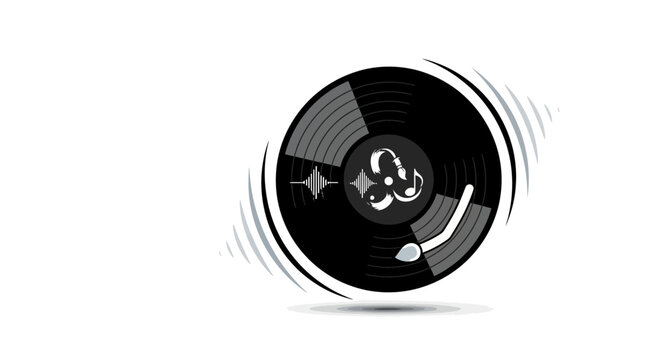 Stylized vinyl record illustration a black and white vector graphic with dynamic motion suitable for music-themed designs