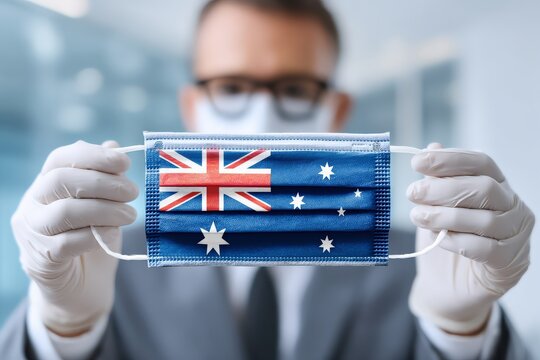 A man in a suit holds a face mask featuring the Australian flag, symbolizing safety and national pride during health crises. - Powered by Adobe