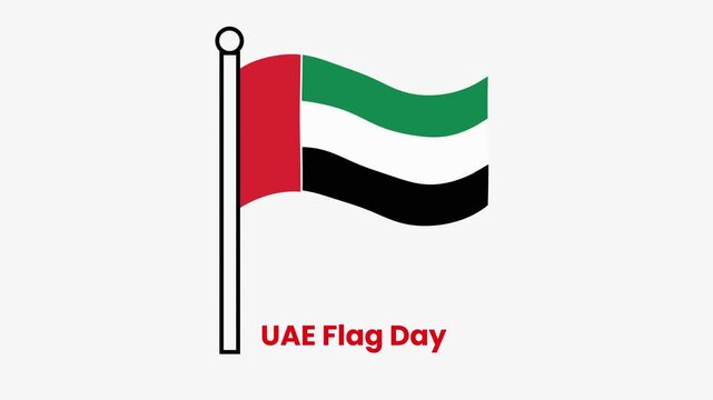 Flat line-art vector of waving UAE flag on pole simple outline with smooth curves