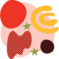 Abstract composition of organic shapes and stars in red yellow green and pink with a transparent background