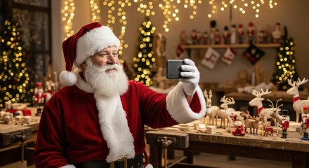 Santa claus takes selfie with smartphone in workshop with christmas decorations.