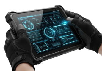 Rugged matte black industrial tablet with reinforced corners, glowing blue/green technical schematics on screen, held by tactical gloves, transparent studio background. Concept of critical data