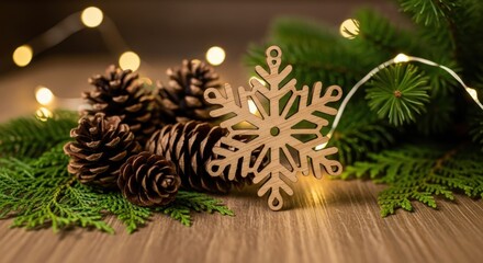 Christmas decoration with pine cones, snowflake ornament, and fir branches on wood.