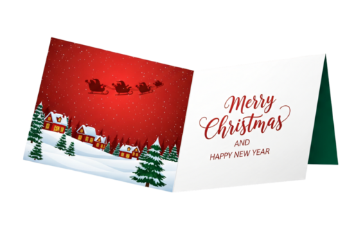 Festive Christmas card featuring Santa's sleigh flying over a charming snow covered village wishing a Merry Christmas and Happy New Year, perfect for holiday greetings and seasonal celebrations