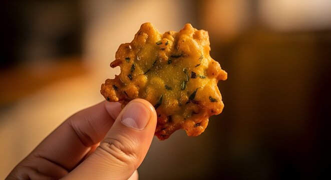 Person's hand holds a delicious crispy golden fried indian snack