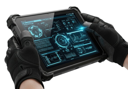 Rugged matte black industrial tablet with reinforced corners, glowing blue/green technical schematics on screen, held by tactical gloves, transparent studio background. Concept of critical data