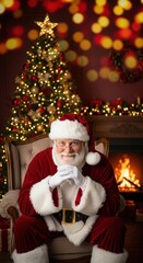 Santa claus in a festive setting with christmas tree, fireplace, and holiday decor.
