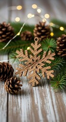 Wooden snowflake ornament with pinecones and evergreen branch for christmas holiday.