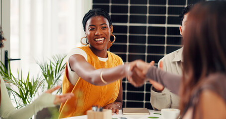 Solar panel, shaking hands or team in office with smile, clap or approval of sustainable project. Applause, meeting or investor in agency with success, agreement or deal for photovoltaic development.