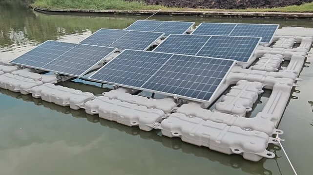 Floating Solar Panel. Solar photovoltaic panel PV System in Industry lake water pond. the Clean Power.