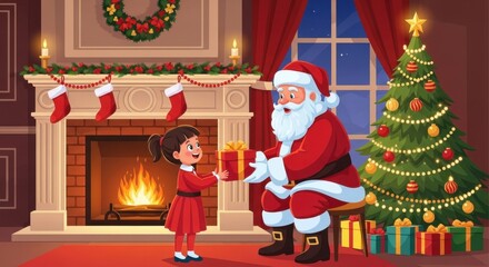 Santa claus giving a christmas present to a little girl near a fireplace and tree.